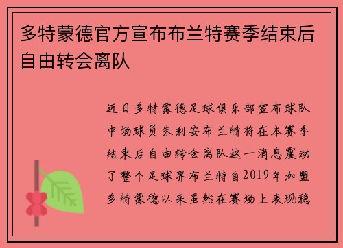 多特蒙德官方宣布布兰特赛季结束后自由转会离队