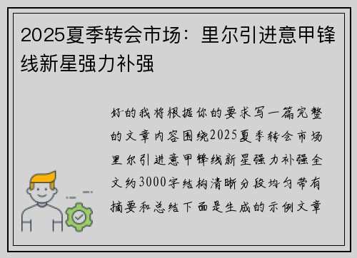 2025夏季转会市场：里尔引进意甲锋线新星强力补强