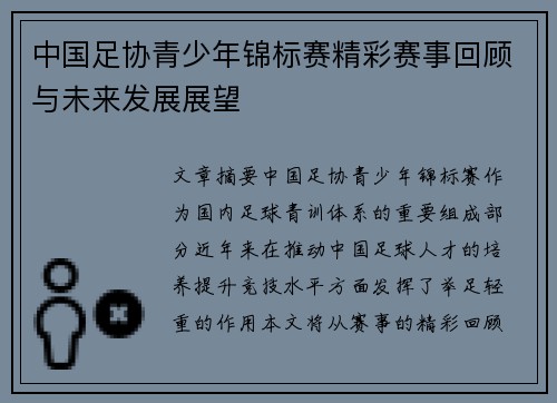 中国足协青少年锦标赛精彩赛事回顾与未来发展展望