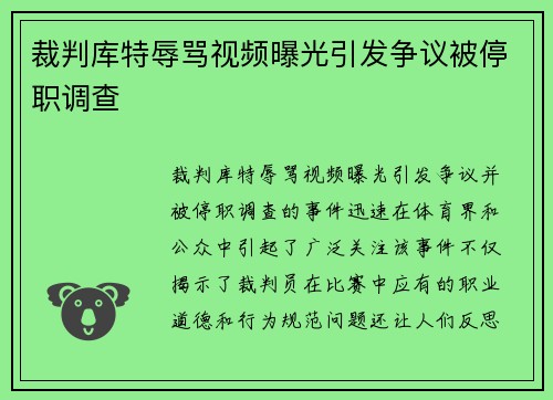 裁判库特辱骂视频曝光引发争议被停职调查